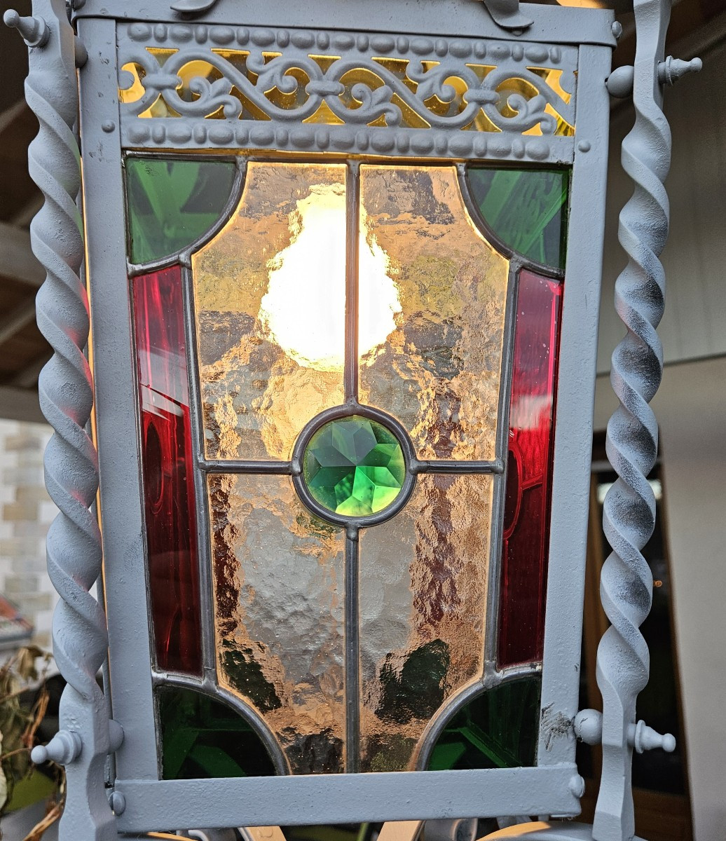 Large Wrought Iron Porch Lantern With Leaded Stained Glass - 19th Century  -photo-3