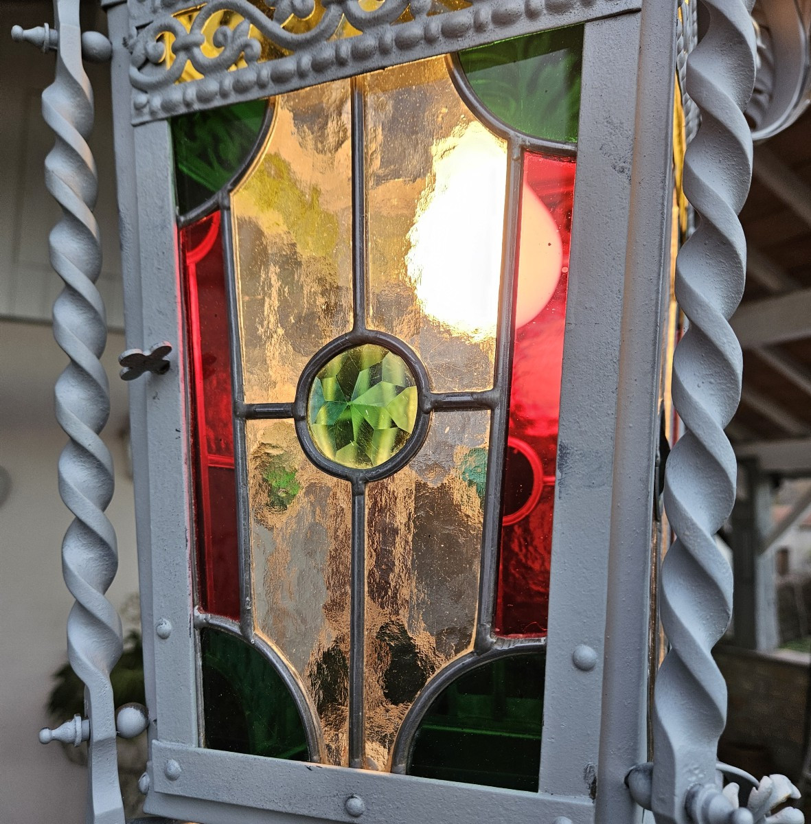 Large Wrought Iron Porch Lantern With Leaded Stained Glass - 19th Century  -photo-4