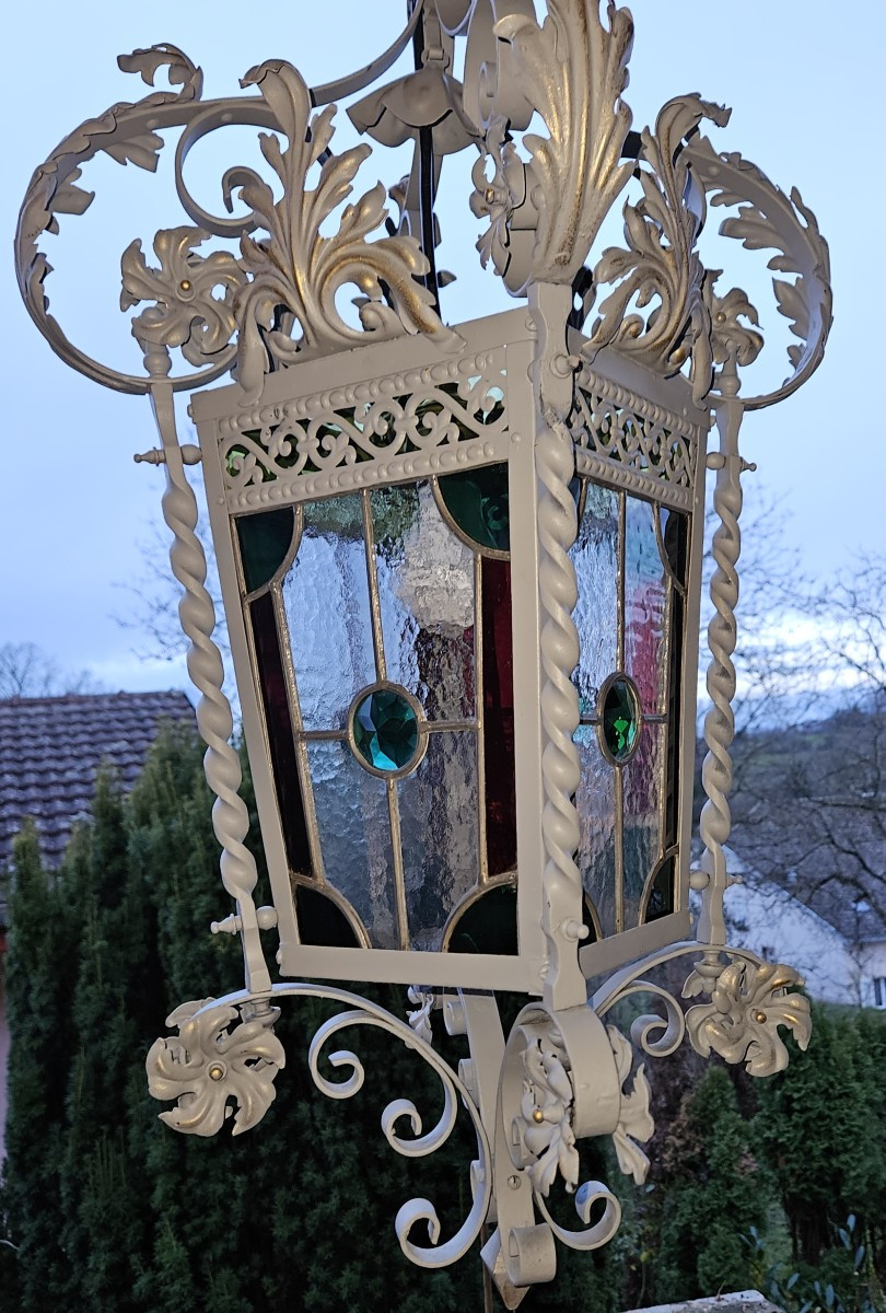 Large Wrought Iron Porch Lantern With Leaded Stained Glass - 19th Century  -photo-1