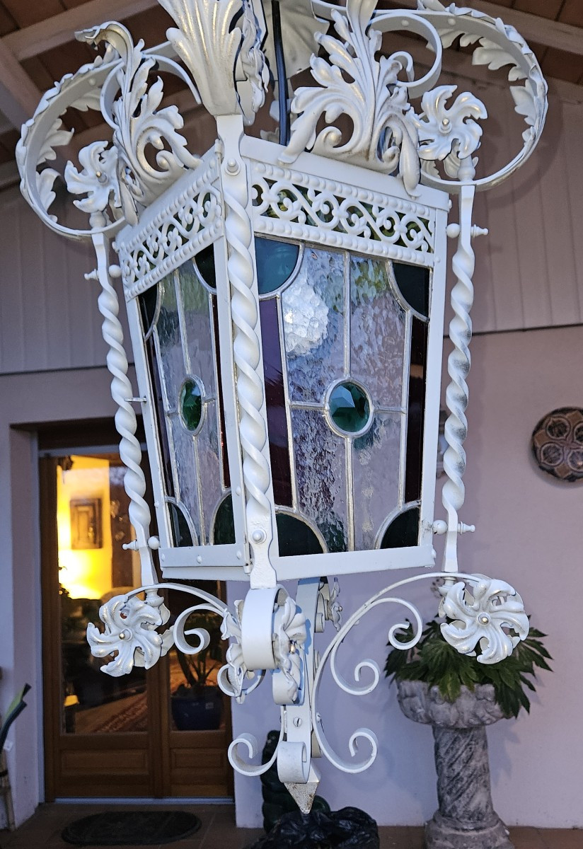 Large Wrought Iron Porch Lantern With Leaded Stained Glass - 19th Century  -photo-2