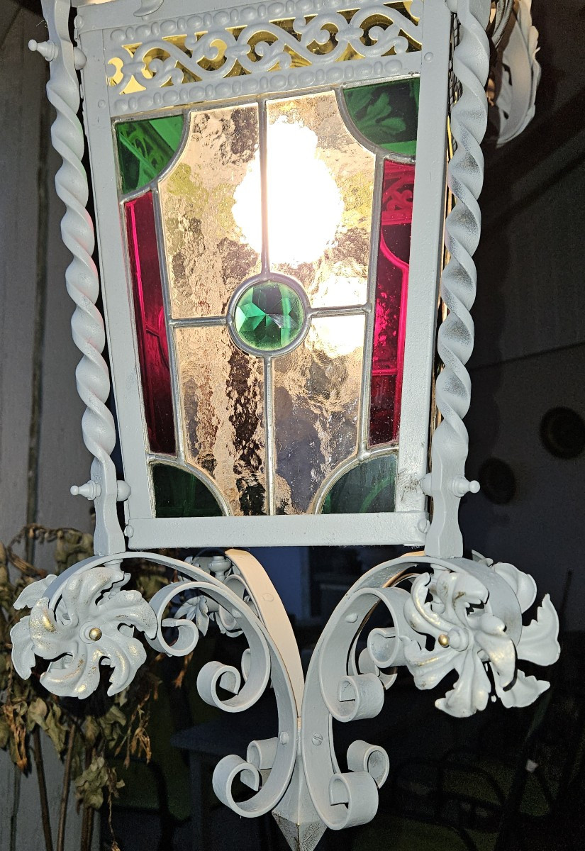 Large Wrought Iron Porch Lantern With Leaded Stained Glass - 19th Century  -photo-3