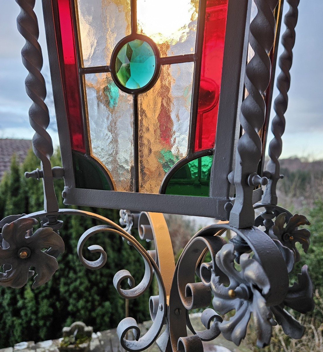 Large Wrought Iron Porch Lantern With Leaded Stained Glass - 19th Century  -photo-4