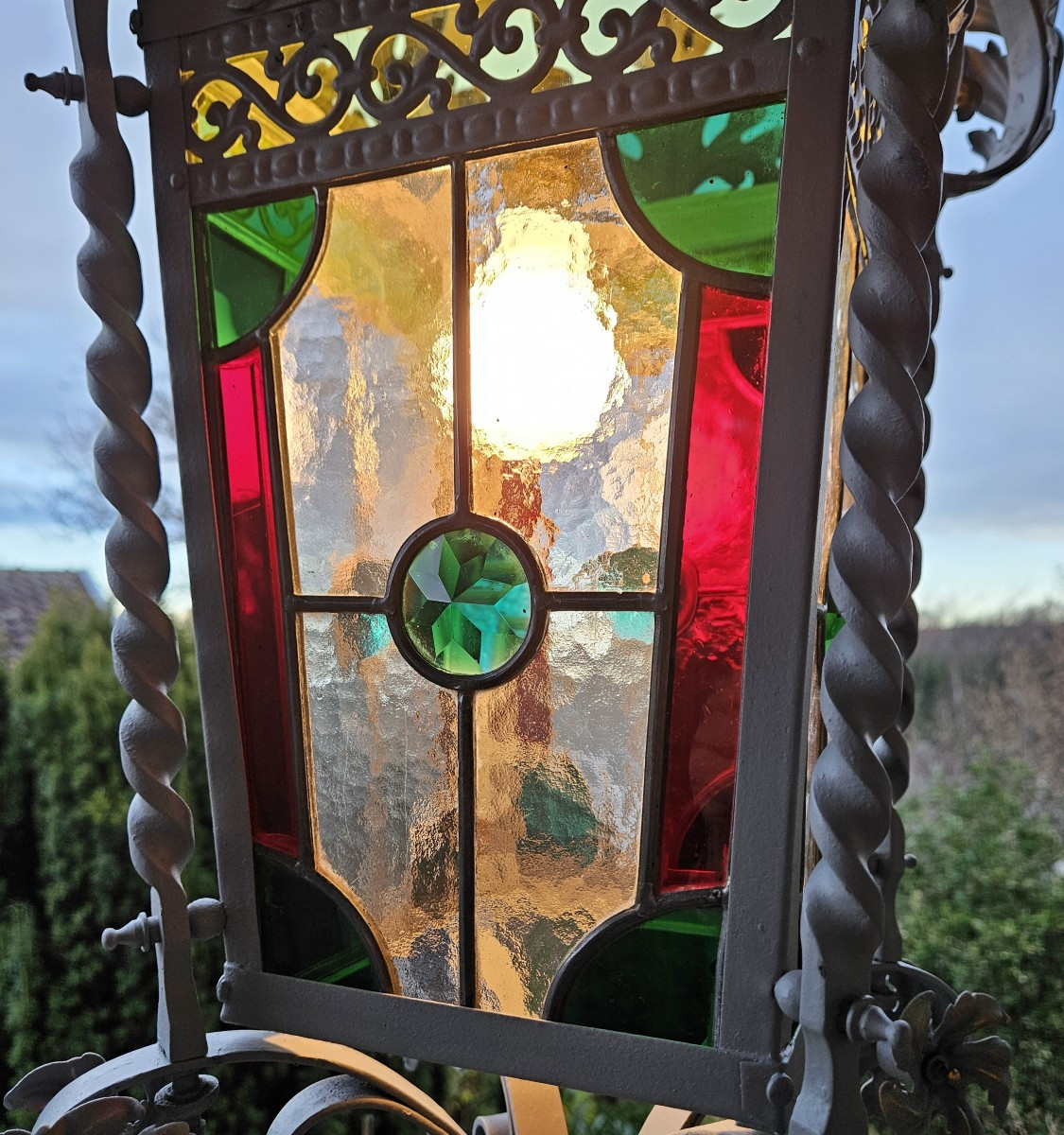Large Wrought Iron Porch Lantern With Leaded Stained Glass - 19th Century  -photo-5