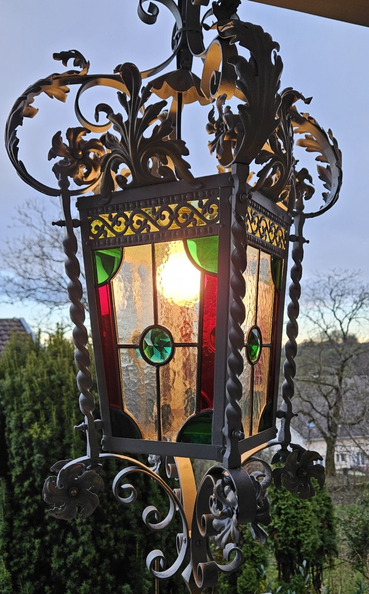 Large Wrought Iron Porch Lantern With Leaded Stained Glass - 19th Century  -photo-6