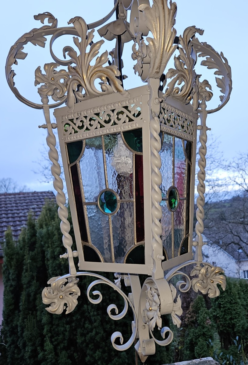 Large Wrought Iron Porch Lantern With Leaded Stained Glass - 19th Century  -photo-7