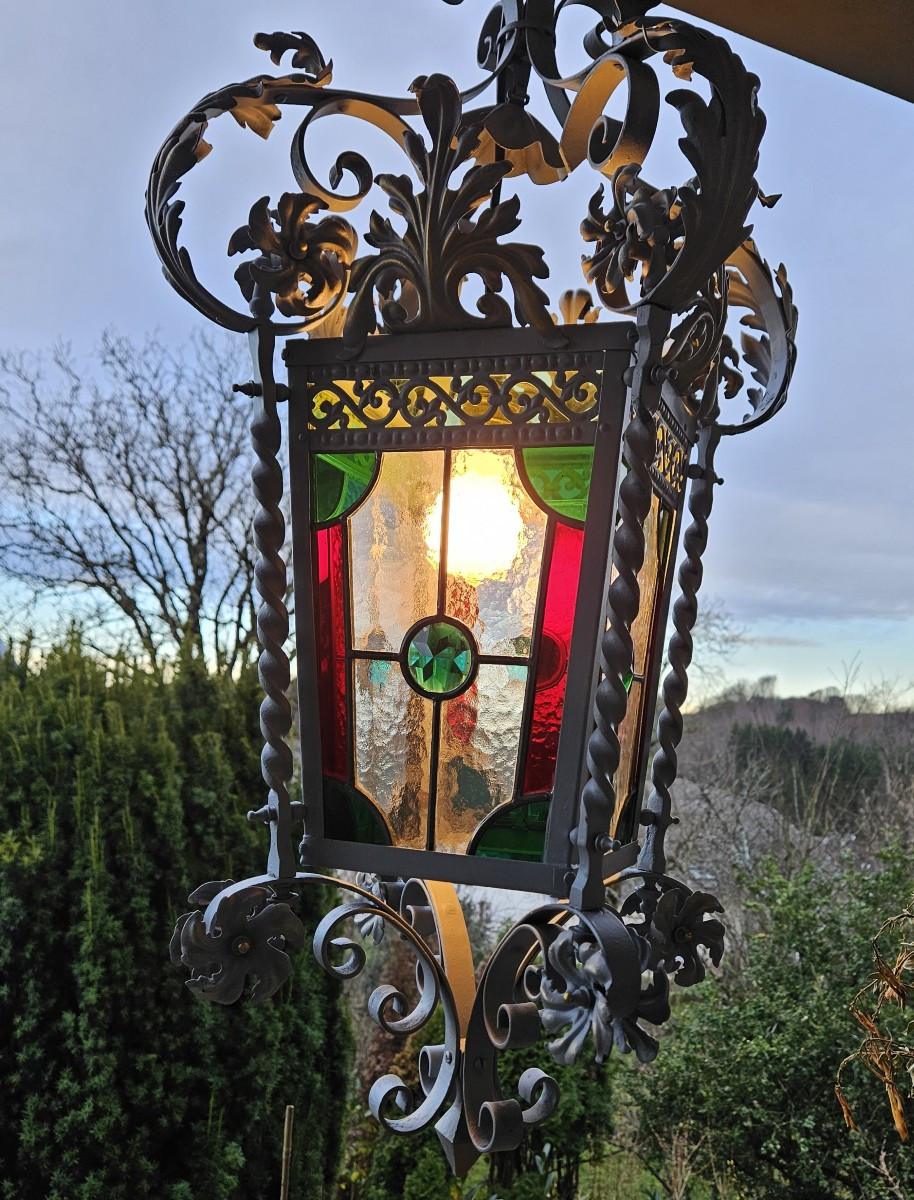 Large Wrought Iron Porch Lantern With Leaded Stained Glass - 19th Century  