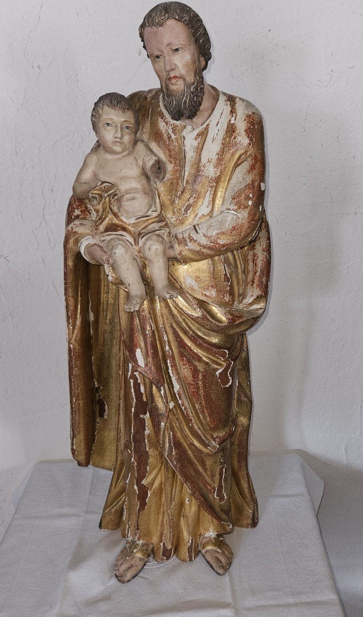 Statue de St JOSEPH portant l'enfant Jésus - bois polychrome  -  époque 17ème --photo-2