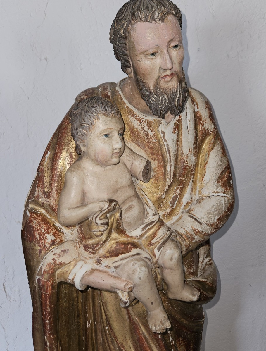 Statue de St JOSEPH portant l'enfant Jésus - bois polychrome  -  époque 17ème --photo-3