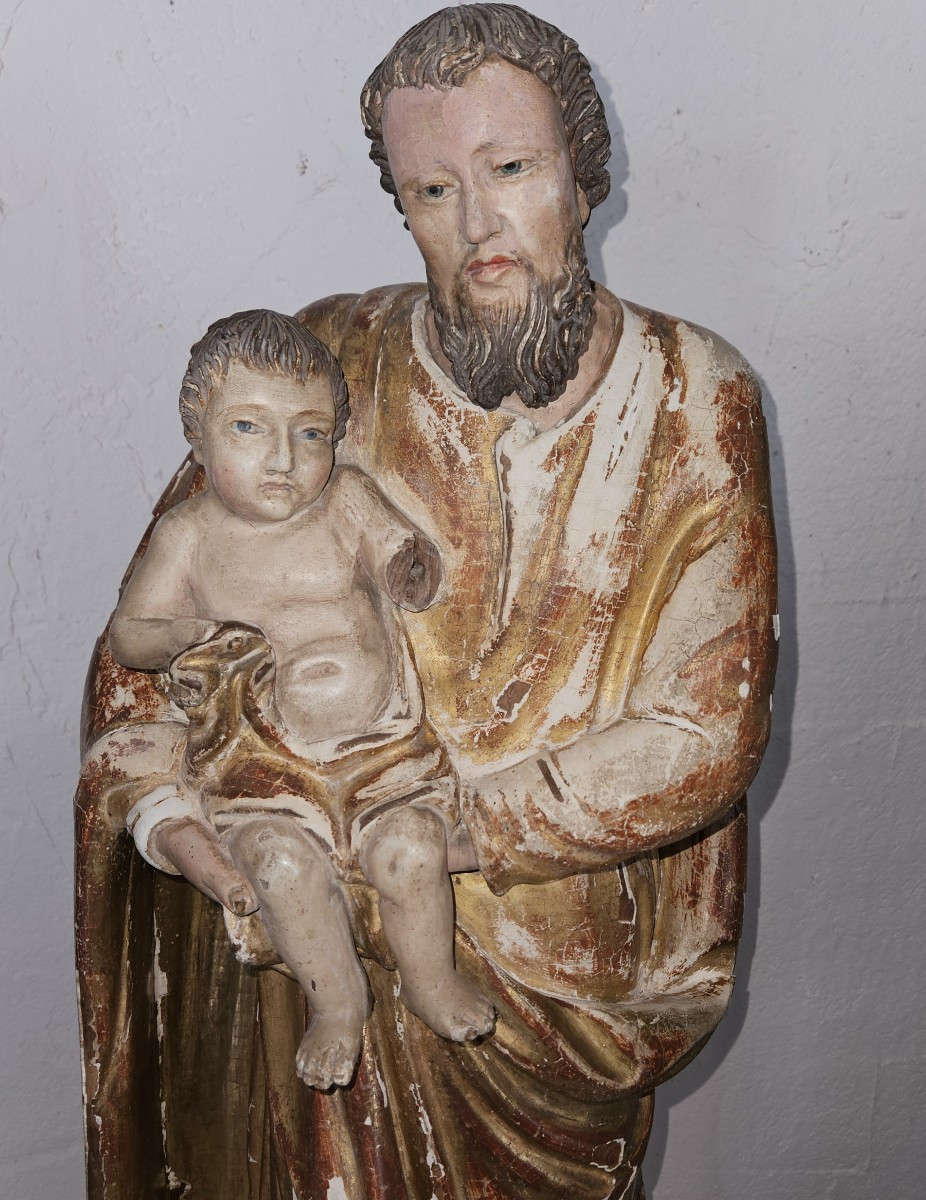 Statue de St JOSEPH portant l'enfant Jésus - bois polychrome  -  époque 17ème -
