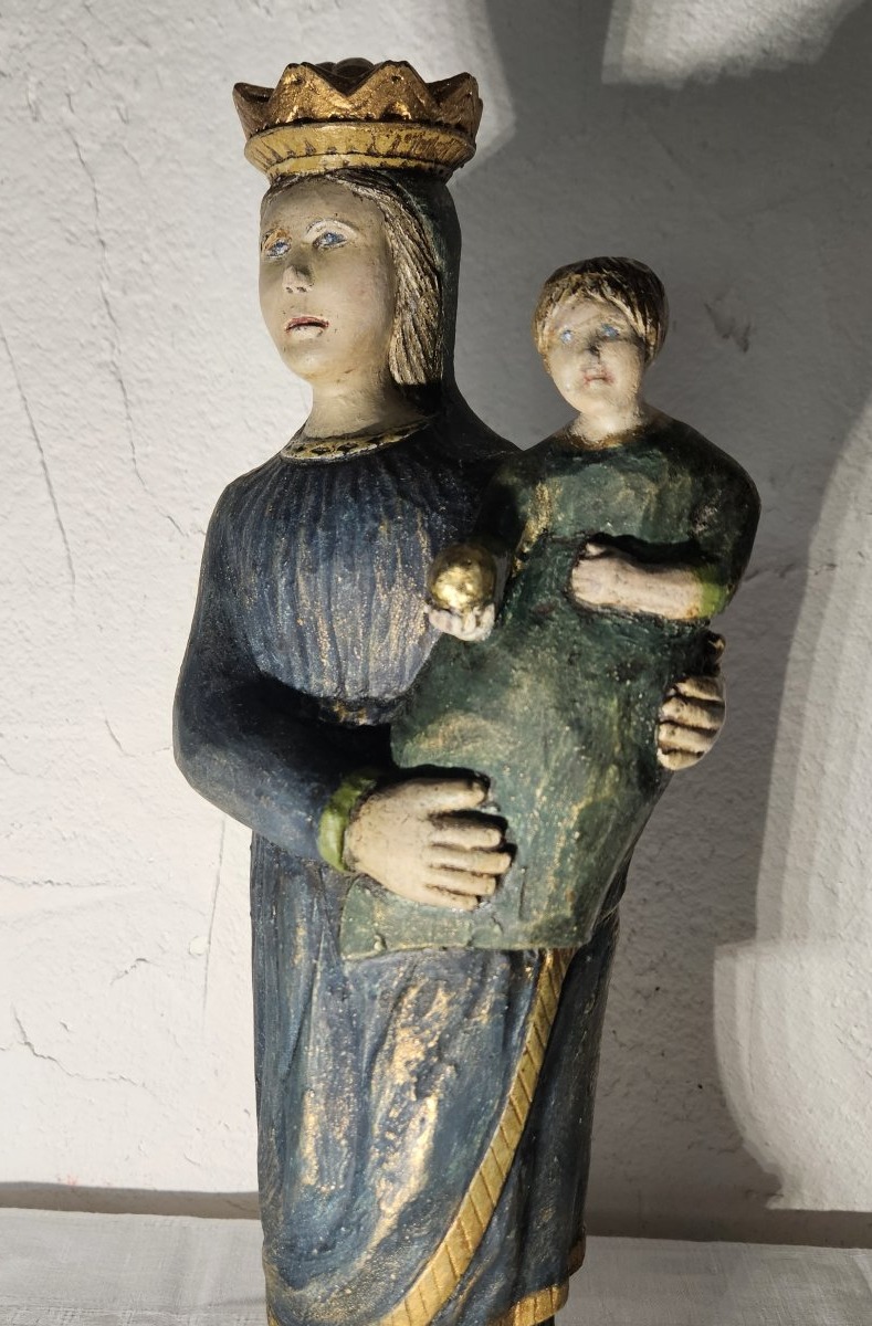 Vierge à l'enfant bois sculpté polychrome,  colonies Hispaniques XVIIème  siécle .-photo-3