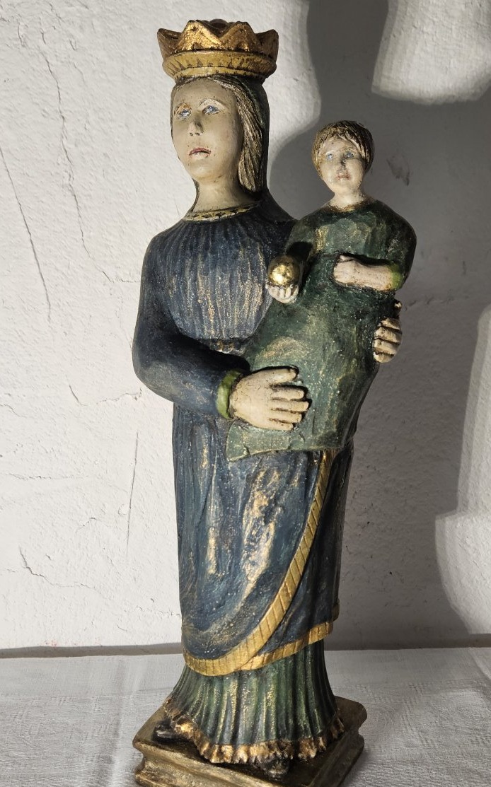 Vierge à l'enfant bois sculpté polychrome,  colonies Hispaniques XVIIème  siécle .-photo-1