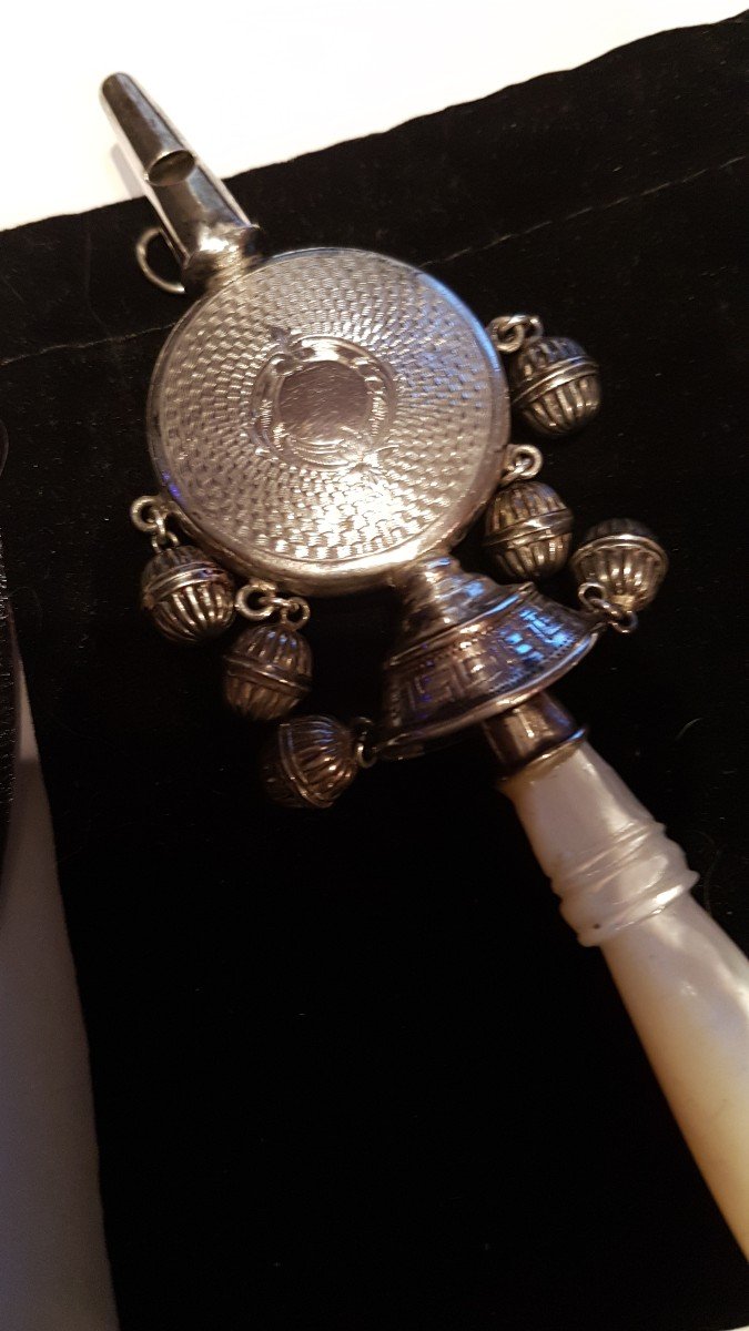 Silver Nanny Rattle  -  Mother Of Pearl Handle  -   19th Century-photo-5