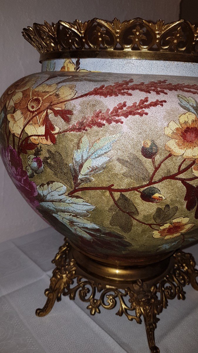 Importante Coupe Cache Pot En Céramique Et Bronze Doré Fin XIXe-photo-2