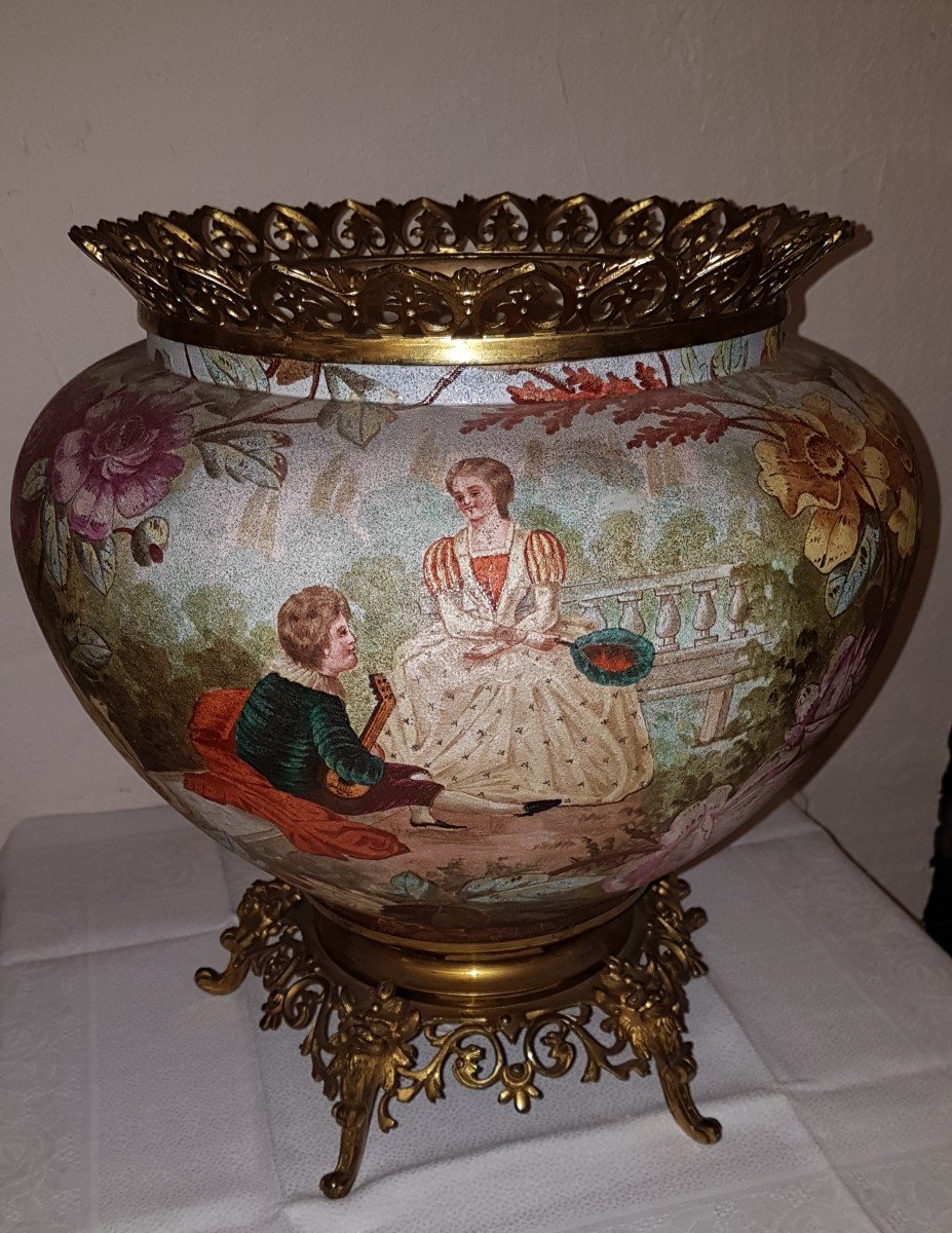 Importante Coupe Cache Pot En Céramique Et Bronze Doré Fin XIXe