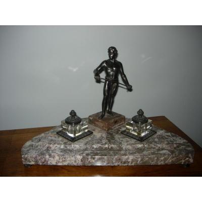 Bronze And Marble Inkwell Character