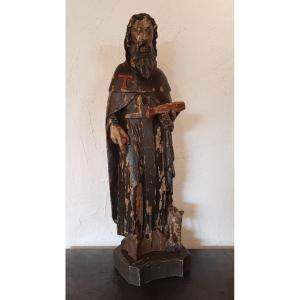 Sculpture Of St Anthony The Great Or St Anthony The Hermit - Polychrome - Early 17th Century -