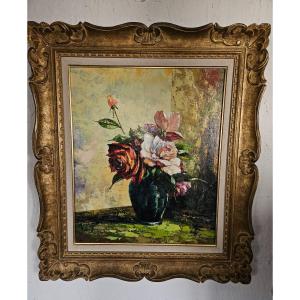 Oil Painting On Canvas - Bouquet Of Roses By Augustin Rouart - 20th Century