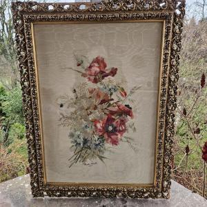 Needle Painting - Bouquet Of Flowers - Signed Marthe Schmitt - 1911 -