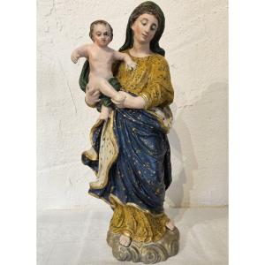 Virgin And Child - 19th-century School - In Polychrome And Gilded Terracotta -