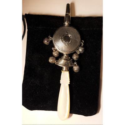 Silver Nanny Rattle  -  Mother Of Pearl Handle  -   19th Century