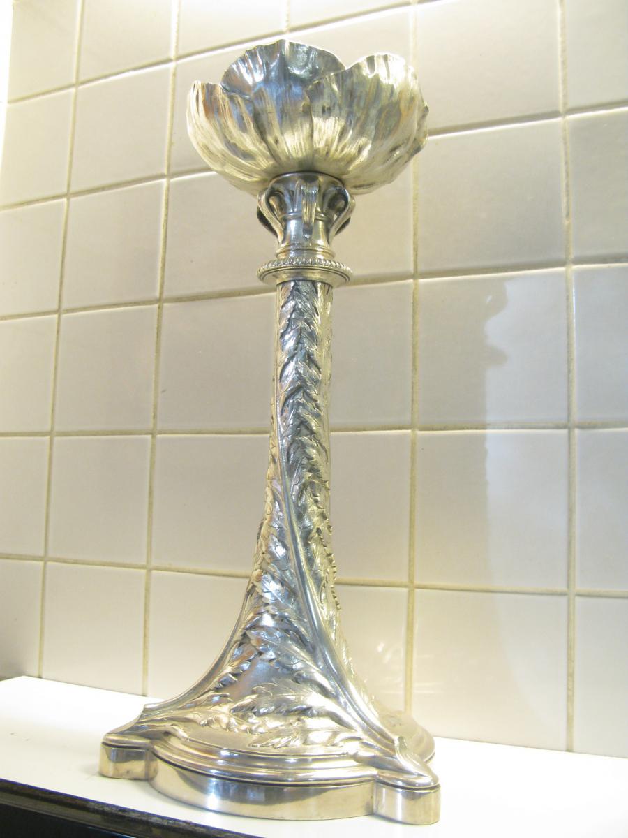 Lampe à Pétrole Art Nouveau Christofle Bronze Argenté H 60cm-photo-2