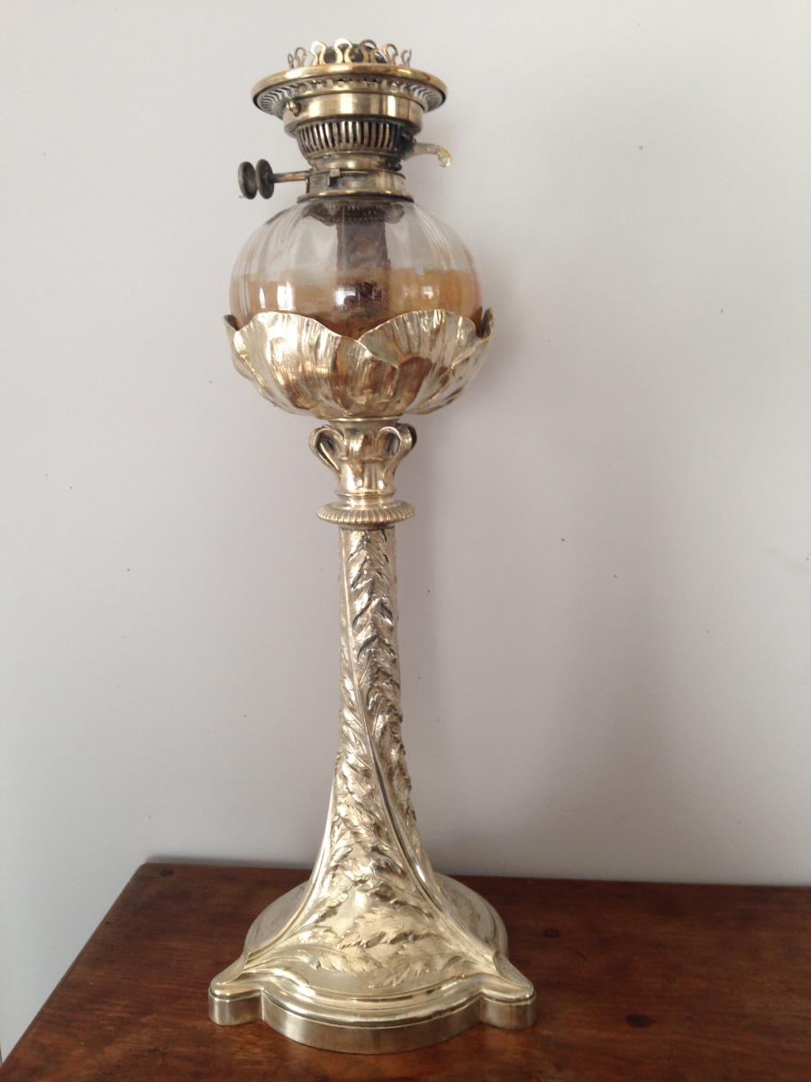 Lampe à Pétrole Art Nouveau Christofle Bronze Argenté H 60cm-photo-5