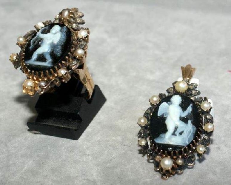 Parure de bijoux OR 18 K- Camée-3 pièces: bracelet-pendentif-bague Napoléon III-photo-2