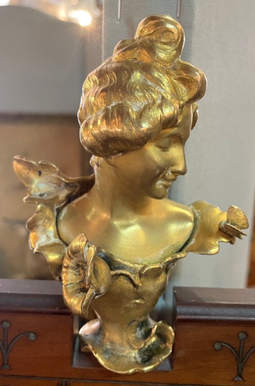 Buste  Femme au papillon - Art Nouveau -bronze Doré- Signé J.angles-photo-2