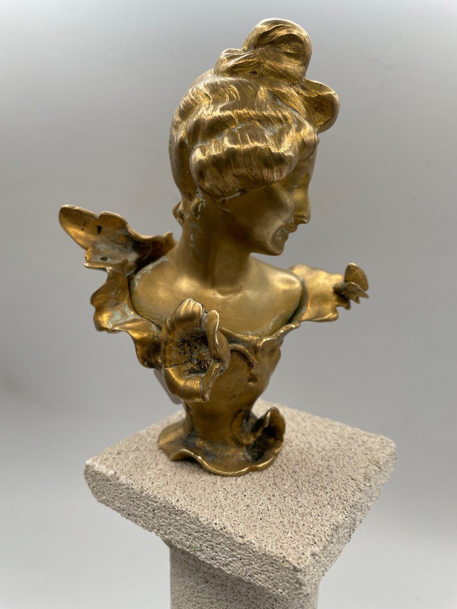 Buste  Femme au papillon - Art Nouveau -bronze Doré- Signé J.angles-photo-4