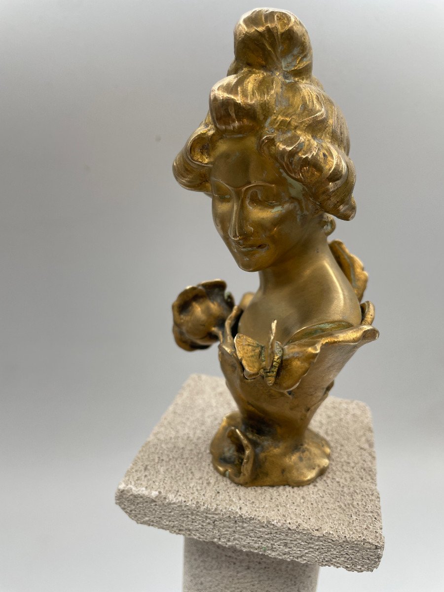 Buste  Femme au papillon - Art Nouveau -bronze Doré- Signé J.angles-photo-1