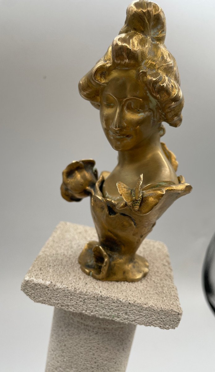 Buste  Femme au papillon - Art Nouveau -bronze Doré- Signé J.angles-photo-2
