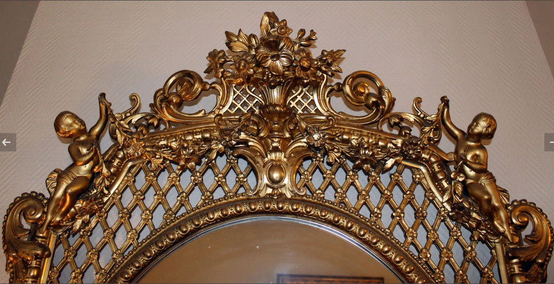 Gilded Mirror In Wood And Stucco - Mesh Decoration (trellis) Basket Pediment - Cherubs - 19th --photo-2