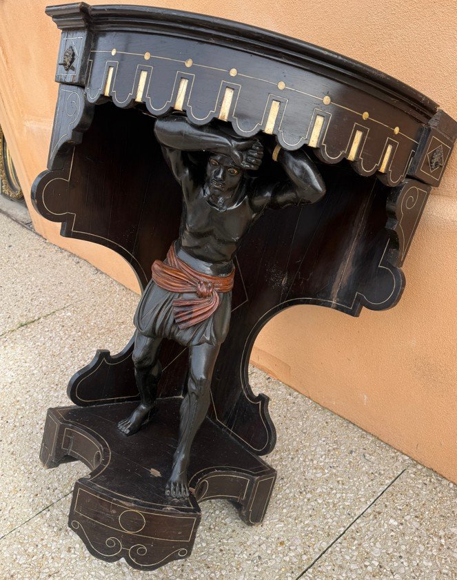 Console d'angle dans le gout vénitien  XIX ° - maure soutenant la console - incrustations en os