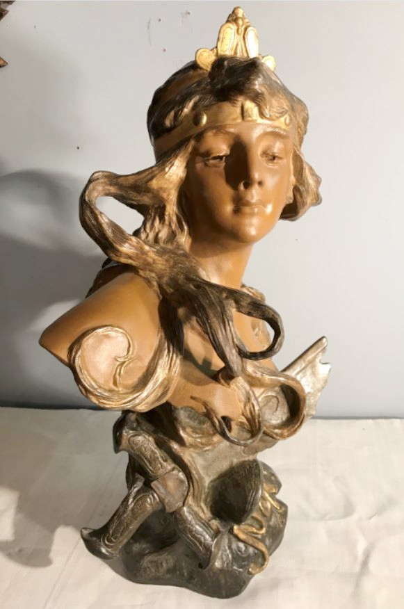 Très Grand Buste Art Nouveau (70cm) En Métal Polychrome