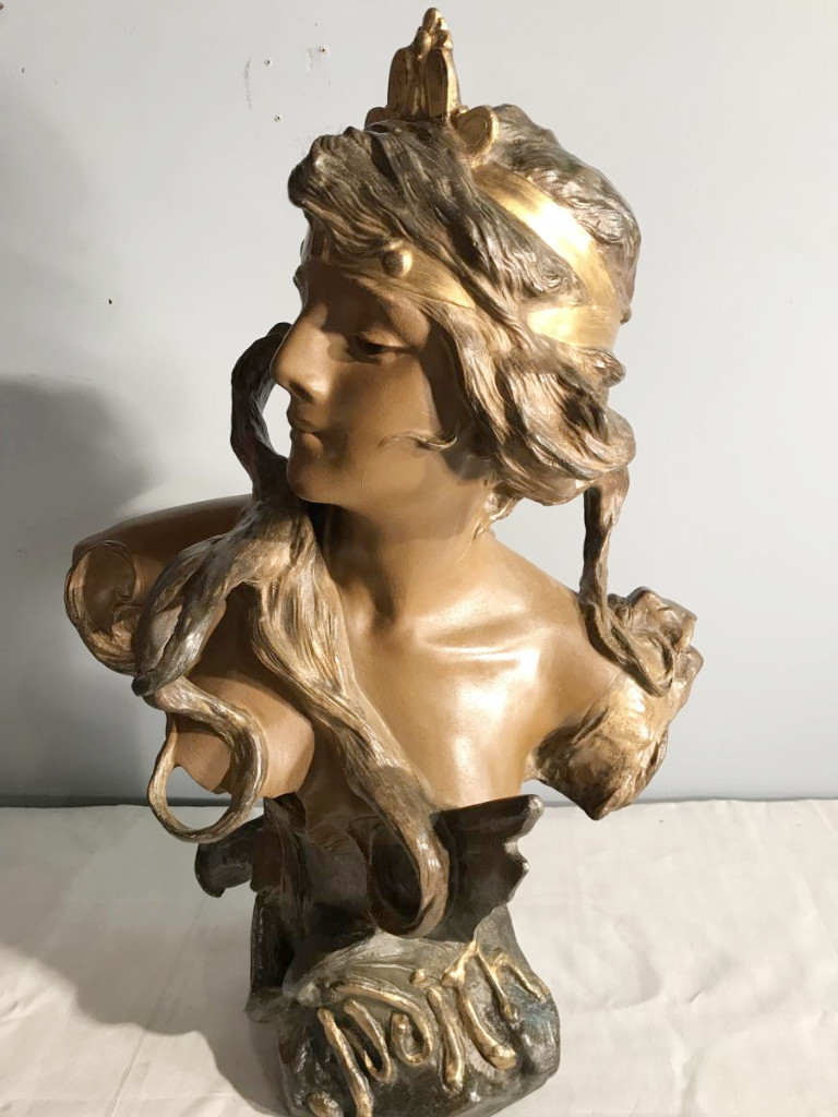 Très Grand Buste Art Nouveau (70cm) En Métal Polychrome-photo-2