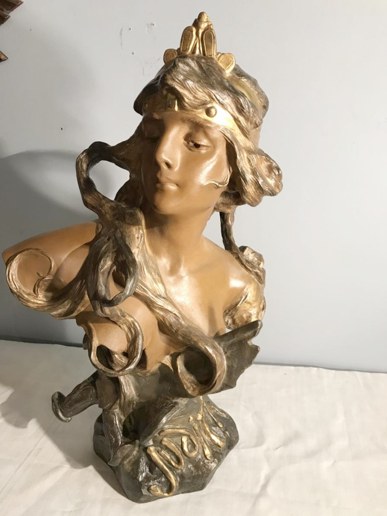Très Grand Buste Art Nouveau (70cm) En Métal Polychrome-photo-3