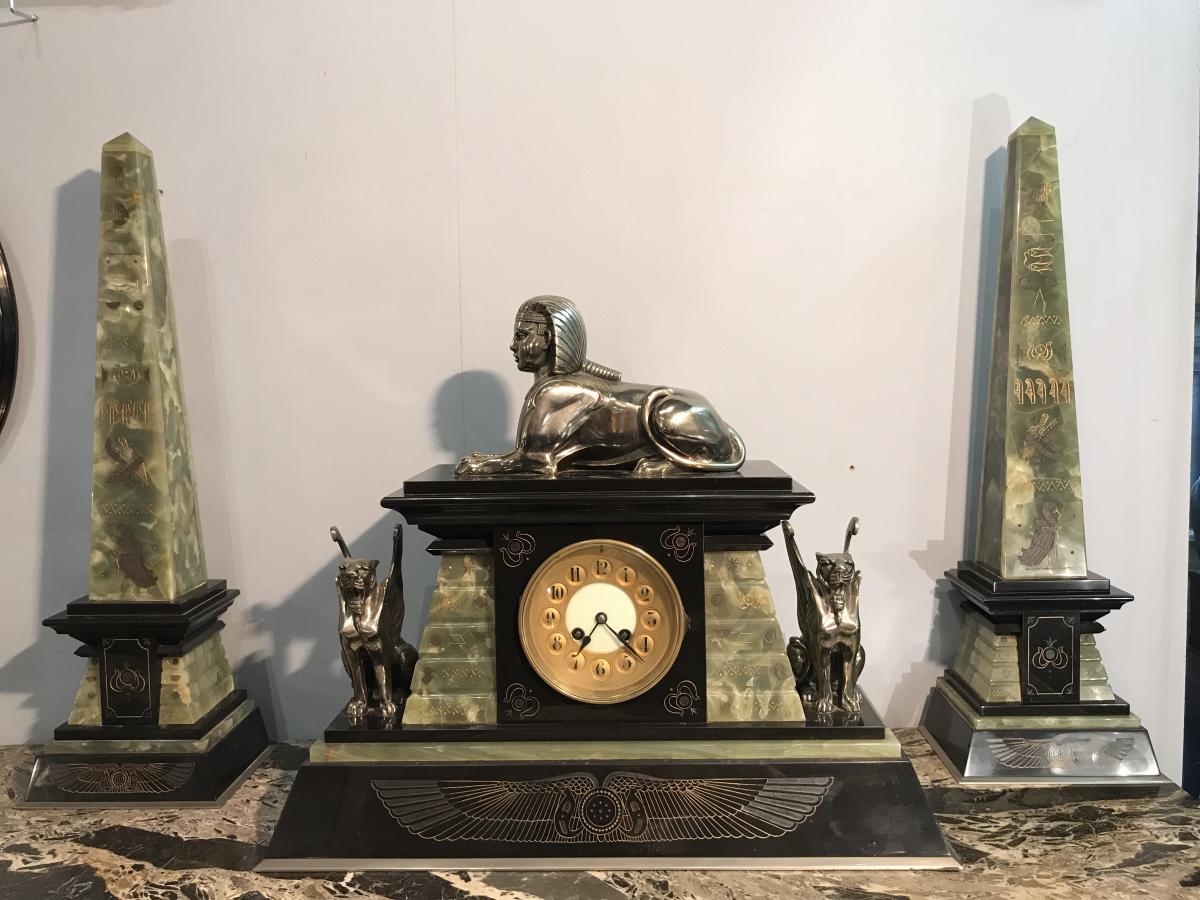Art Deco Pendulum 2 Obelisks Marble-onyx-bronze Sphinx Of Tanis-winged Lions