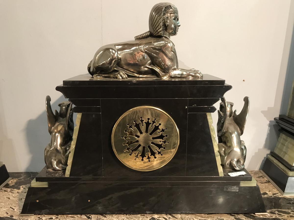 Art Deco Pendulum 2 Obelisks Marble-onyx-bronze Sphinx Of Tanis-winged Lions-photo-4