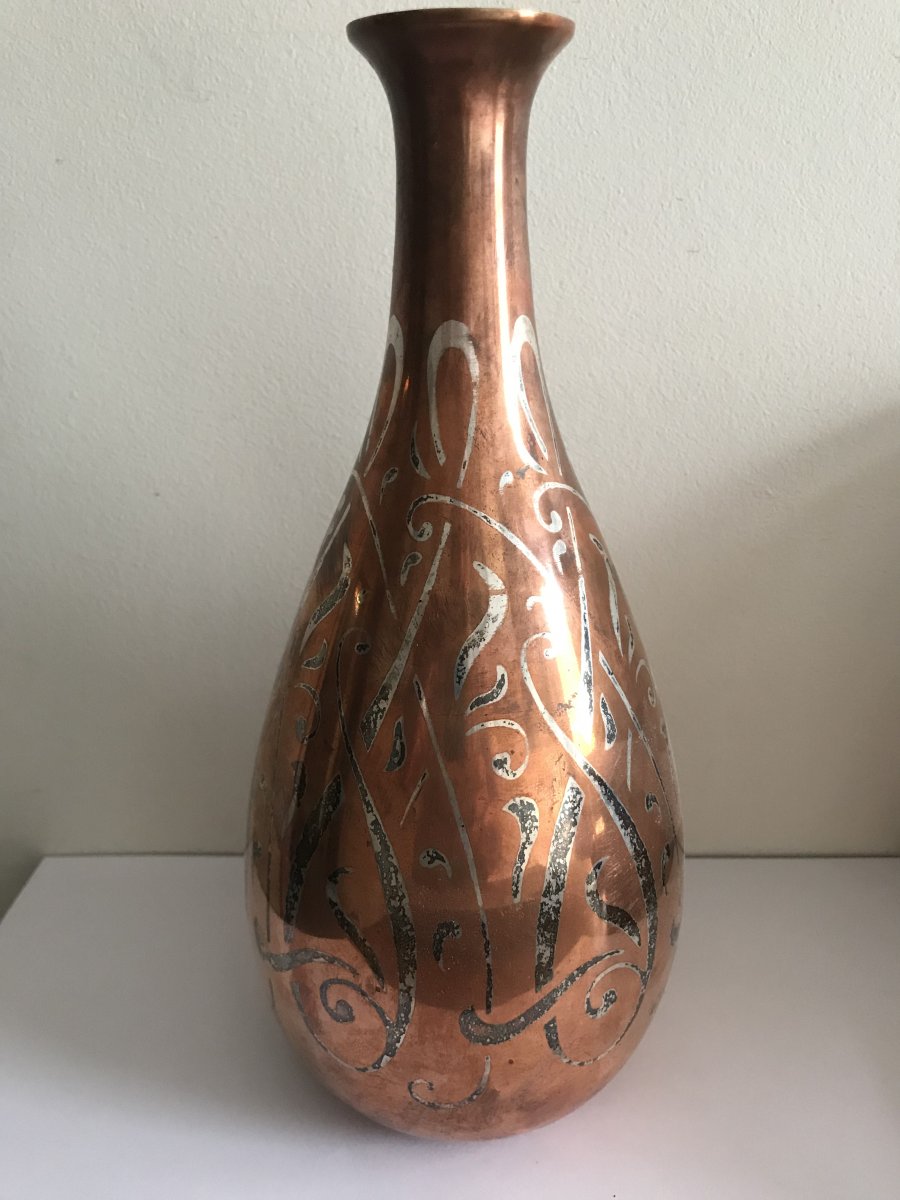 Christofle - Luc Lanel - Brassware Vase - Pansy Shape With Straight Neck - Copper - Silver - Art Deco-photo-2