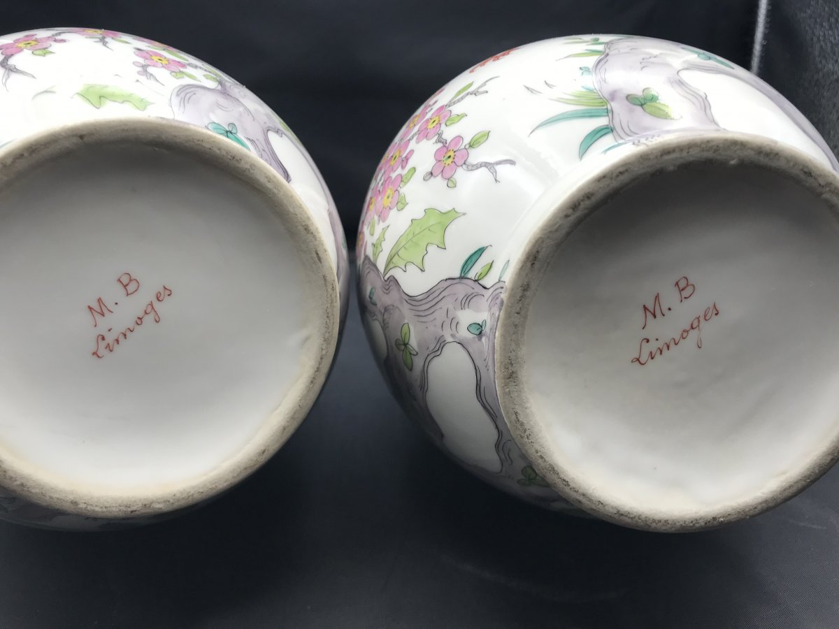 2 Porcelain Vases Signed Limoges Mb - Height 41 Cm --photo-2