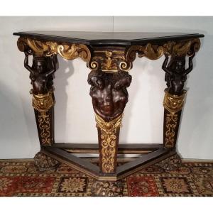 Venetian Console From The End Of The 17th Century In Lacquered And Gilded Leaf Wood