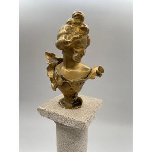 Bust Woman With Butterfly - Art Nouveau -golden Bronze- Signed J.angles