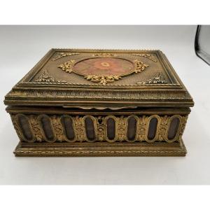 Gilt Bronze Jewelry Box - Wood Marquetry Medallion - Key