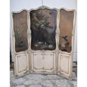 Paravent Bois Peint -3 Panneaux  Datés 1876 - Signés-décor Peinture Sur Toile - Oiseaux -fleurs