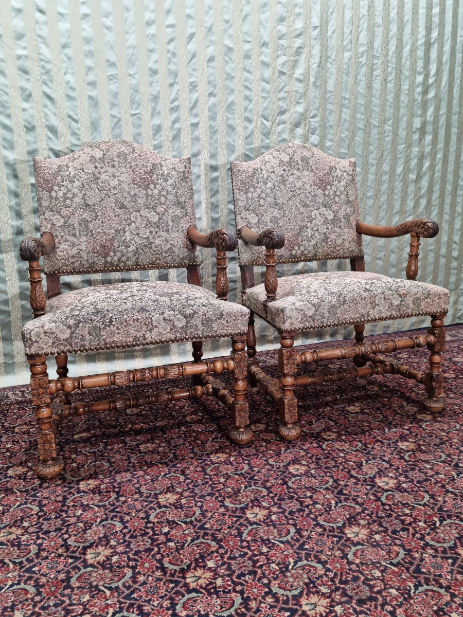 Pair Of Louis XIII Style Walnut Armchairs, 19th Century 