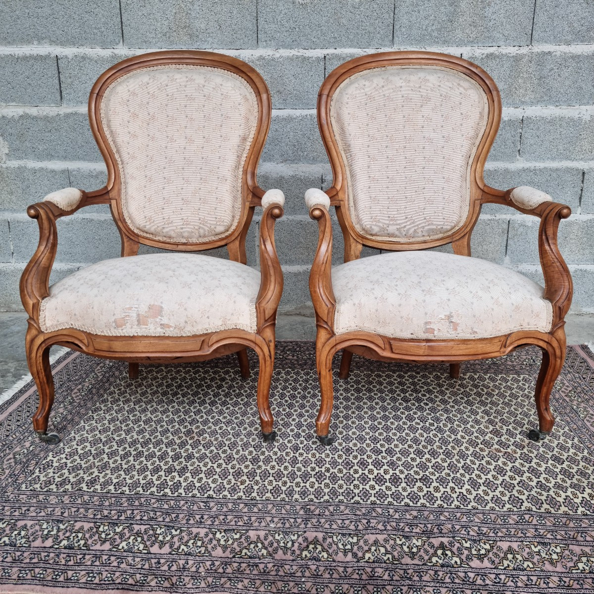 Pair Of Walnut Cabriolet Armchairs, Napoleon III, 19th Century 