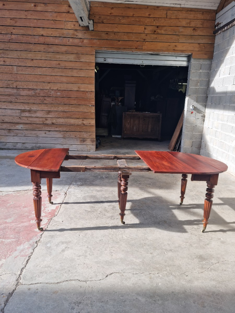 Round Mahogany Table, Extendable, Six Legs, Louis Philippe, 19th Century -photo-1