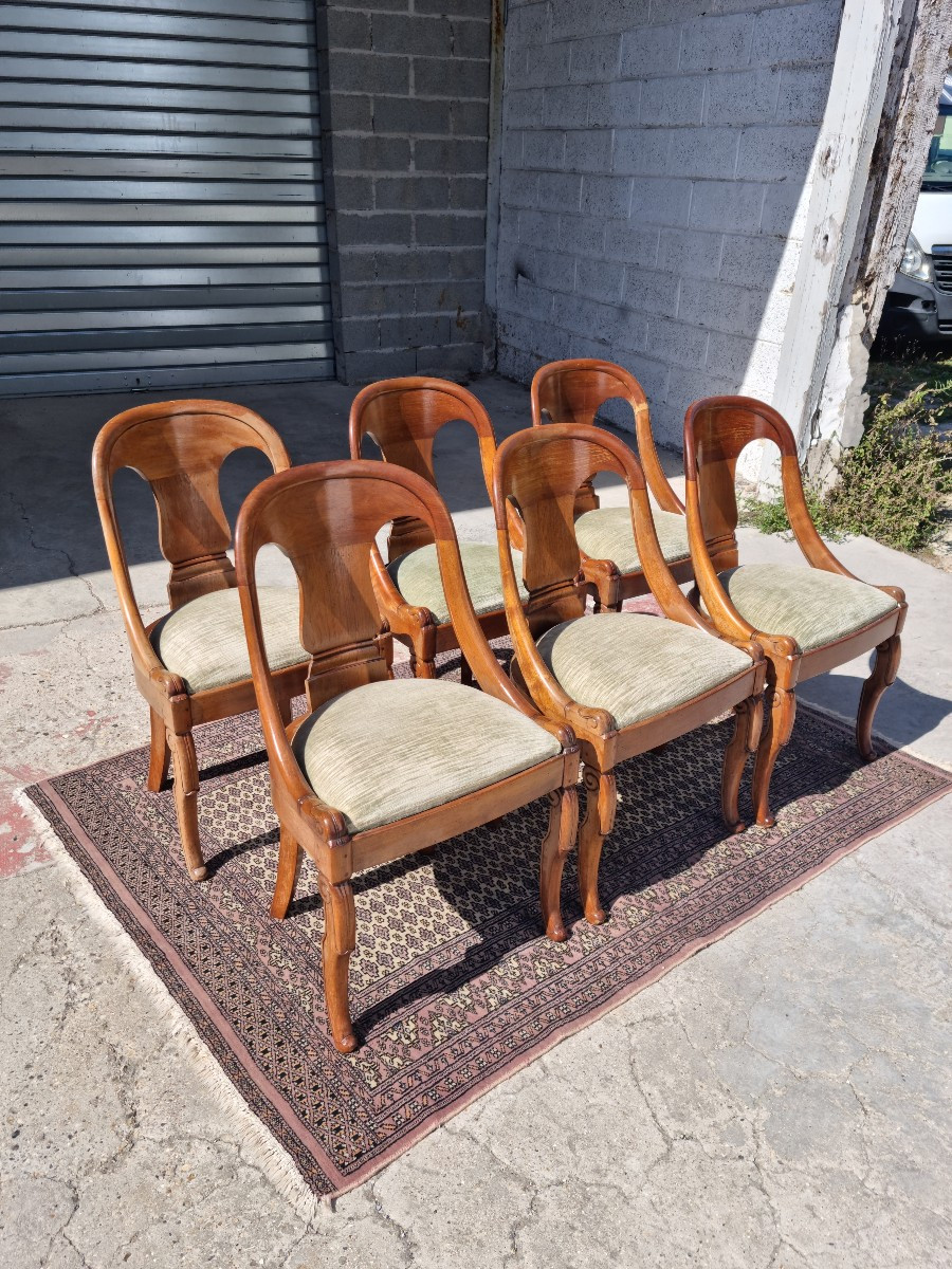 Set Of Six Gondola Chairs In Satin Blond Mahogany, Empire Period, Late 19th Century -photo-3