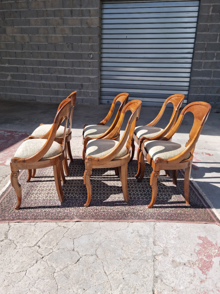 Set Of Six Gondola Chairs In Satin Blond Mahogany, Empire Period, Late 19th Century -photo-5