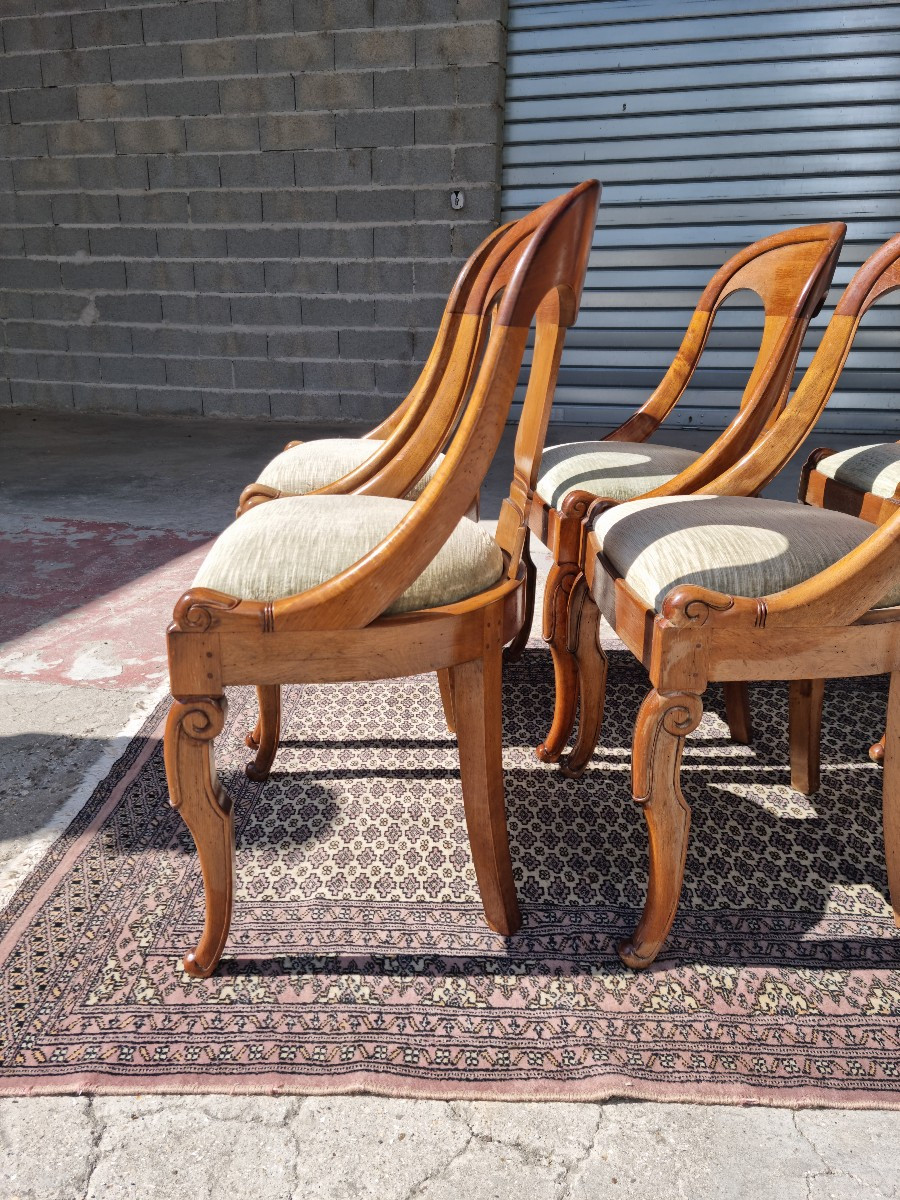 Set Of Six Gondola Chairs In Satin Blond Mahogany, Empire Period, Late 19th Century -photo-6